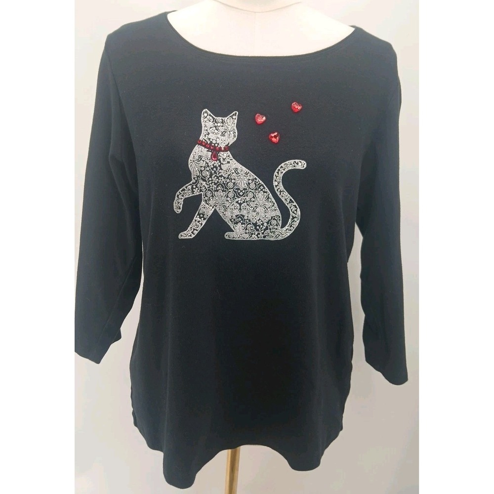 Black Karen Scott Cotton Red RhinestoneEmbellished Cat Graphic T-shirt Size Lg